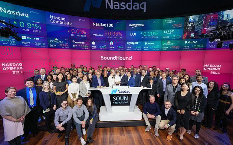SoundHound AI team celebrating NASDAQ listing