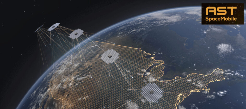 Conceptual illustration of AST SpaceMobile's satellite constellation providing direct-to-device coverage across North America with hexagonal network grid overlay