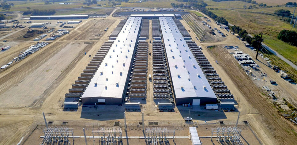 Modern data center facility exterior with industrial infrastructure