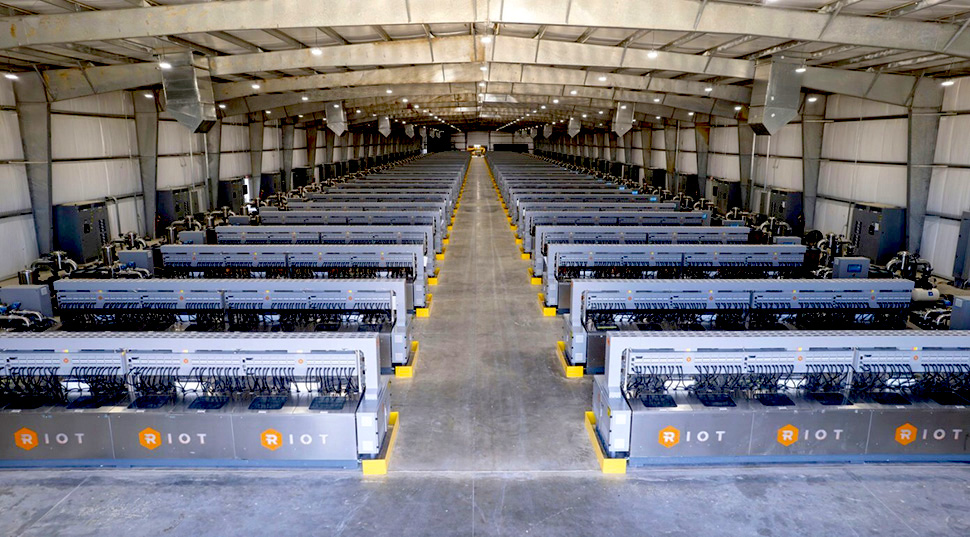 Bitcoin mining facility with rows of ASIC miners