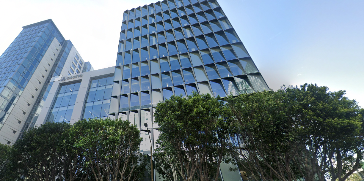 Asana headquarters in San Francisco showcasing the company's modern office building with distinctive geometric glass facade