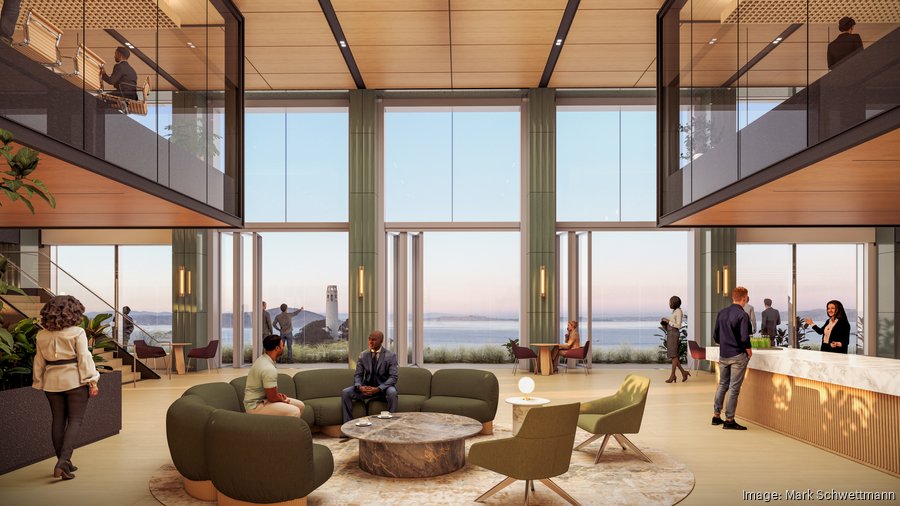 Asana's modern office lobby featuring floor-to-ceiling windows with panoramic San Francisco Bay views and contemporary furniture