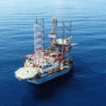 Aerial view of the Valaris 107 jack-up drilling rig operating at sea
