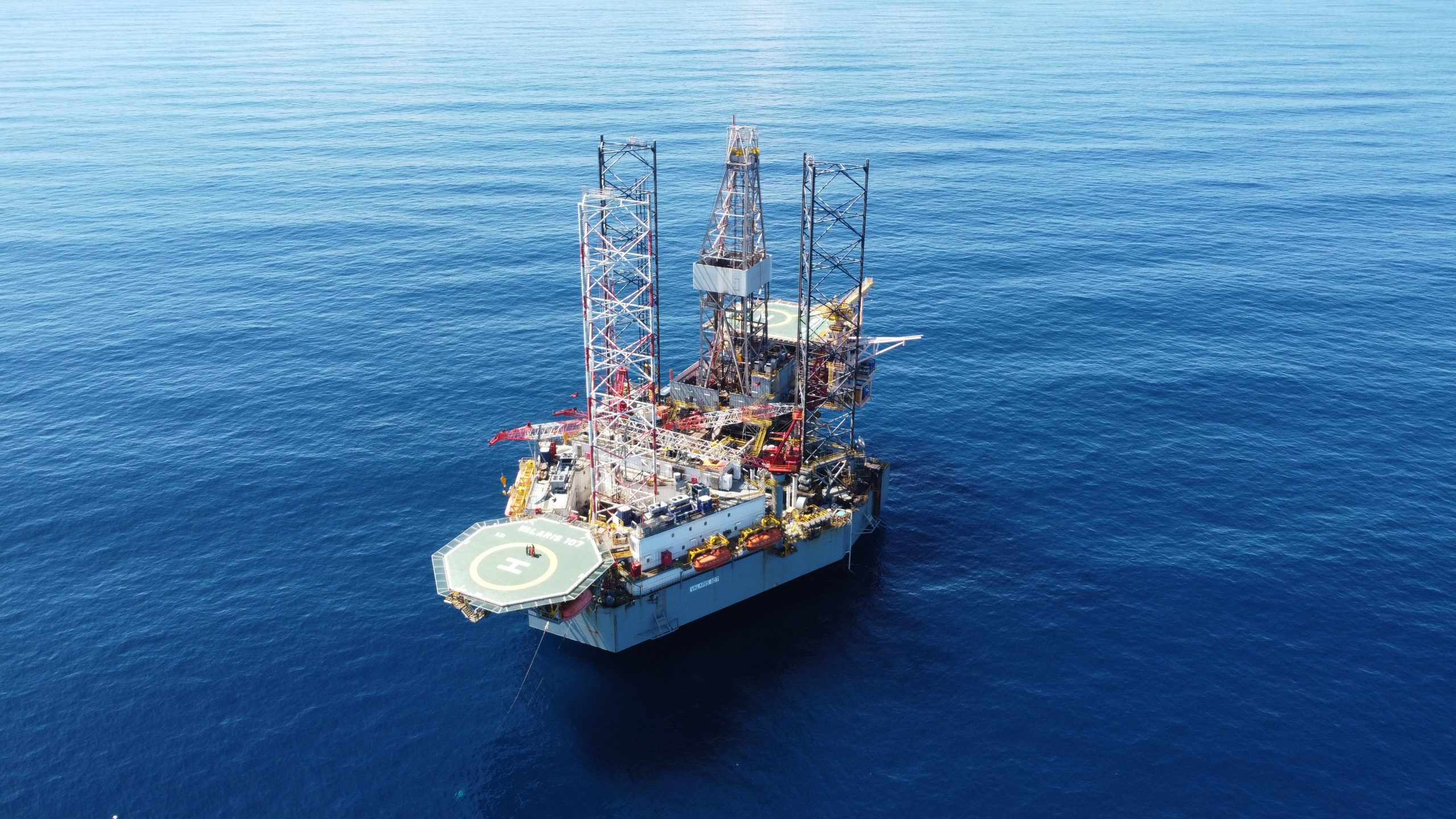 Aerial view of the Valaris 107 jack-up drilling rig operating at sea