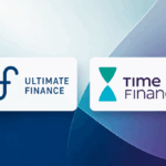 Ultimate Finance and Time Finance company logos displayed side by side on an abstract blue and purple background