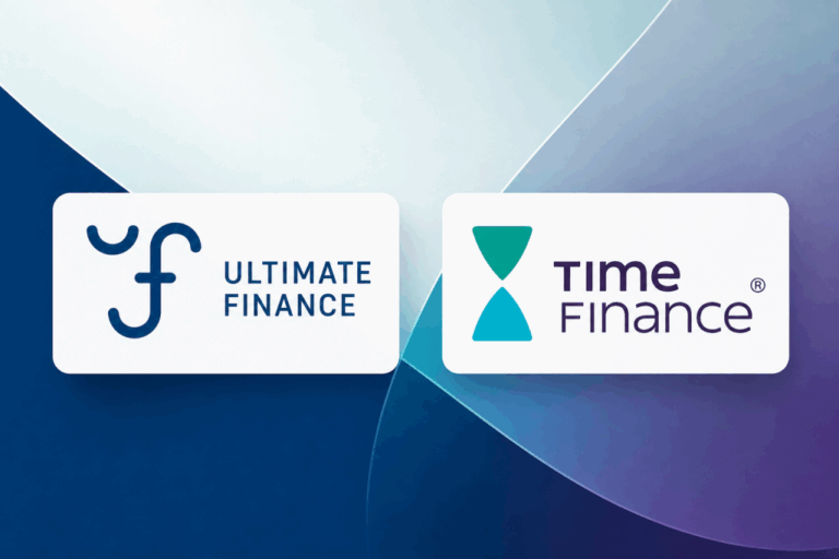 Ultimate Finance and Time Finance company logos displayed side by side on an abstract blue and purple background