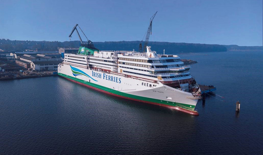 The Irish Ferries vessel MV W.B. Yeats, part of the Irish Continental Group fleet, sailing on open water.