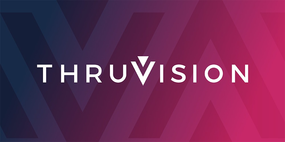 Thruvision company logo on a dark blue-to-pink gradient background with a large stylised chevron/arrow motif