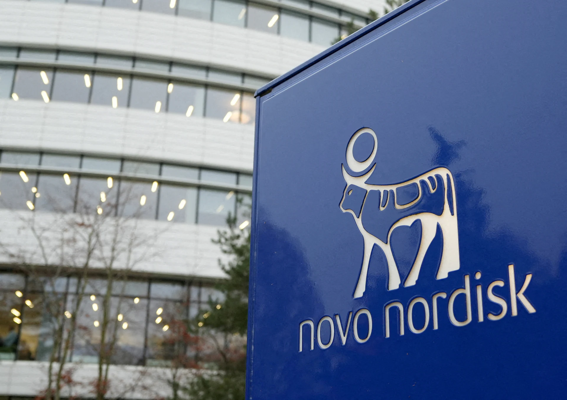 Novo Nordisk logo displayed on a building/signage, representing the pharmaceutical company amid news of profit warnings and drug pricing pressure