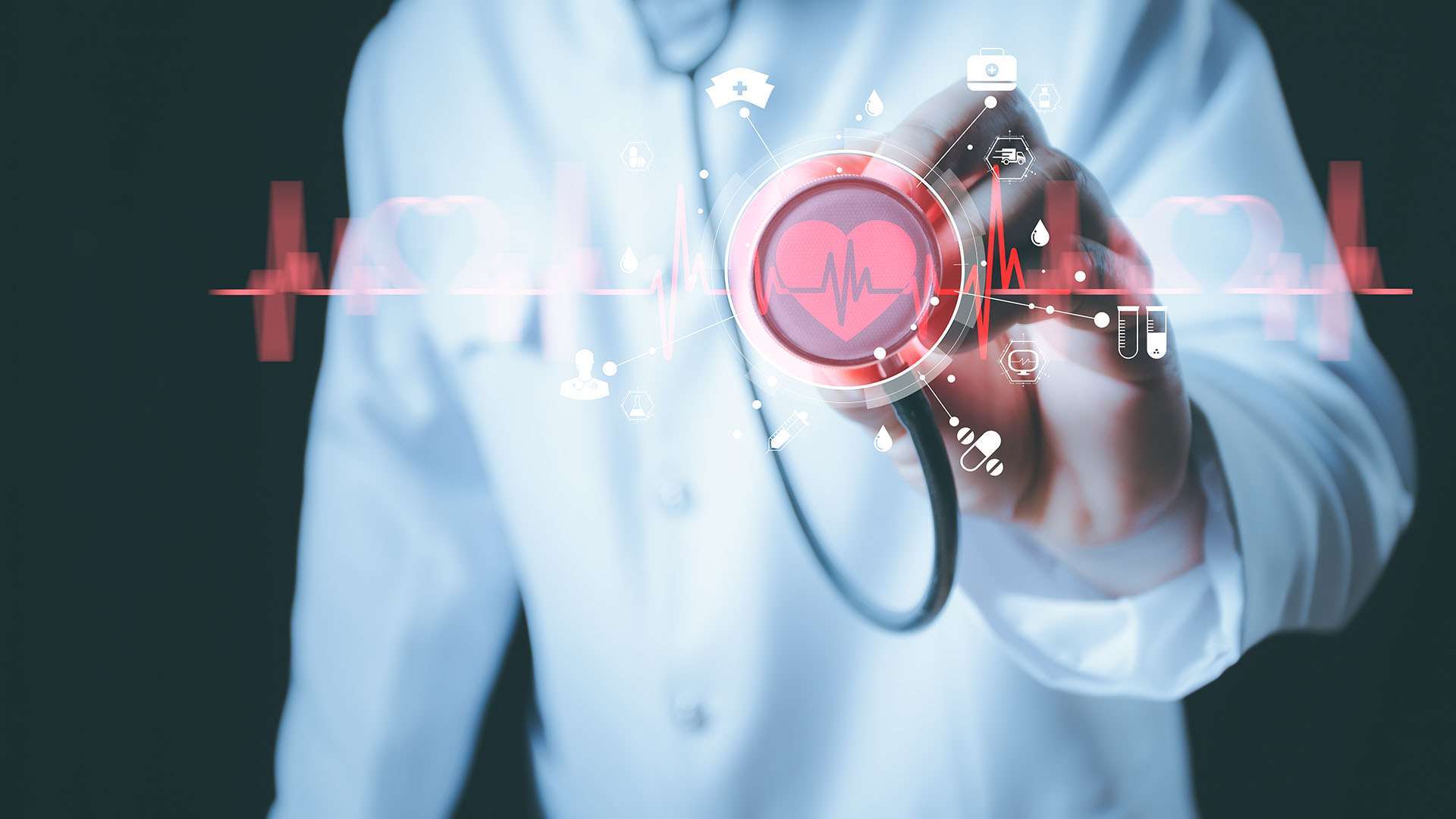 A doctor holding a stethoscope with a heart rate and cardiovascular health graphic overlay, symbolizing cardiac health testing