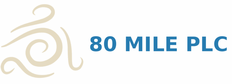 80 Mile PLC company logo featuring an abstract beige swirl icon and blue text