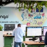 Employees working at desks in Bango plc's office, with the company logo and 'Where people subscribe' tagline displayed on the wall behind them.