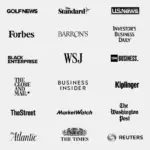 Grid of prominent publisher and media logos — including Forbes, WSJ, CNN Business, MarketWatch, The Washington Post, and Reuters — representing digital publishing partners.