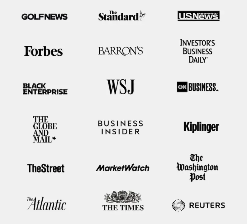 Grid of prominent publisher and media logos — including Forbes, WSJ, CNN Business, MarketWatch, The Washington Post, and Reuters — representing digital publishing partners.