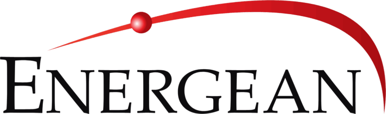 Energean company logo in black text with a red curved swoosh above it, on a transparent/white background.