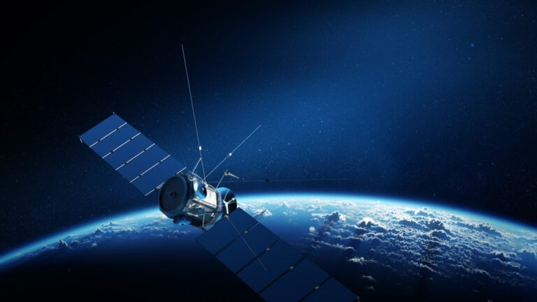 Illustration of a satellite orbiting above Earth, representing satellite communications technology