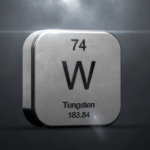 3D rendered metallic cube depicting the periodic table element tungsten (W, atomic number 74)