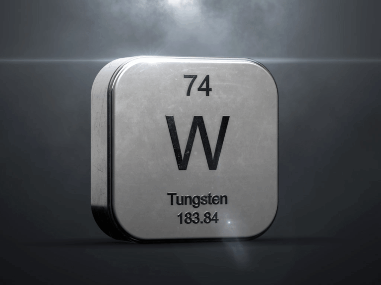 3D rendered metallic cube depicting the periodic table element tungsten (W, atomic number 74)