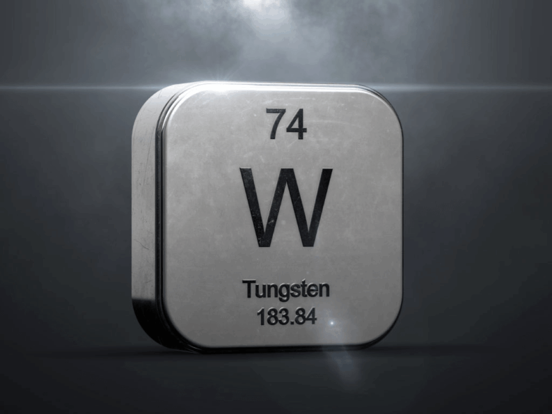 3D rendered metallic cube depicting the periodic table element tungsten (W, atomic number 74)