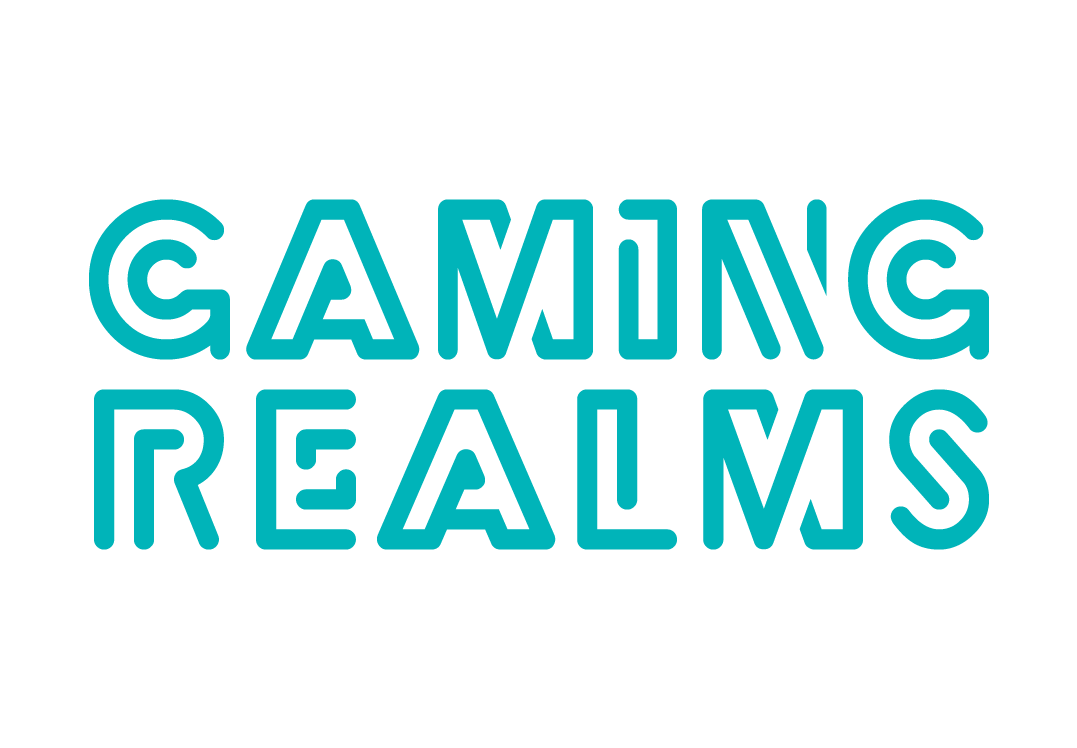 Gaming Realms company logo in teal lettering on a white background