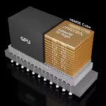 3D diagram of a Micron 12-high HBM3E memory cube, shown in gold, next to a GPU block on a shared substrate