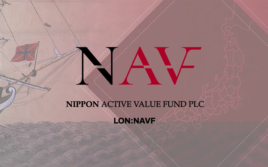 Branded graphic for Nippon Active Value Fund plc (LON:NAVF) featuring a Japan map outline, a vintage sailing ship illustration, and the company's NAVF monogram on a maroon background