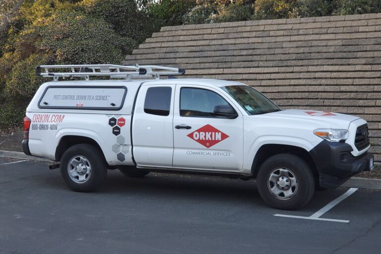 White Orkin branded pickup truck with pest control commercial services signage parked in a lot