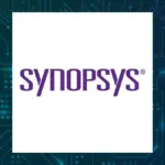 Purple Synopsys logo on a white square over a teal circuit-board graphic background