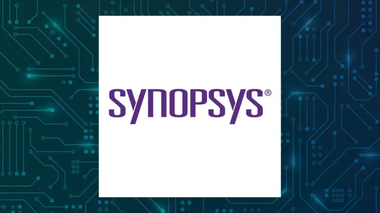 Purple Synopsys logo on a white square over a teal circuit-board graphic background