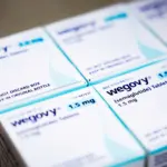 Stacked boxes of Novo Nordisk's Wegovy (semaglutide) 1.5 mg obesity treatment