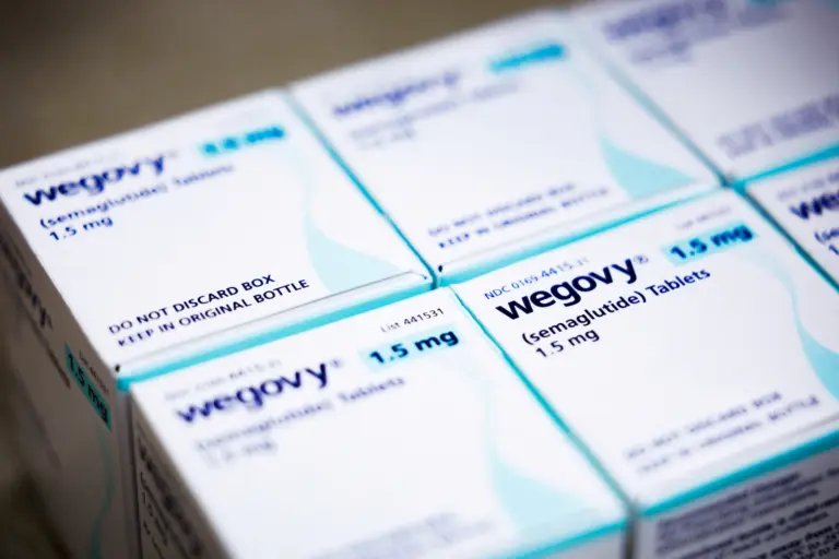 Stacked boxes of Novo Nordisk's Wegovy (semaglutide) 1.5 mg obesity treatment