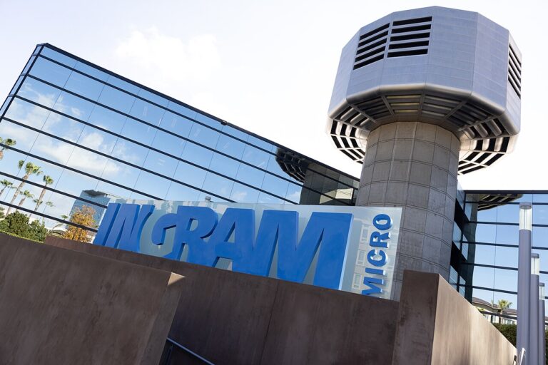 Ingram Micro corporate headquarters building in Irvine, California, with company signage visible.