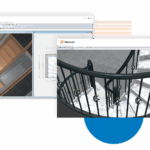 Staircon staircase design software showing 3D renderings of a wooden staircase and a wrought-iron spiral staircase alongside CAD floor plan drawings