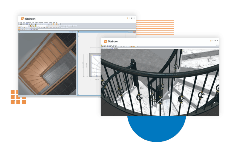 Staircon staircase design software showing 3D renderings of a wooden staircase and a wrought-iron spiral staircase alongside CAD floor plan drawings