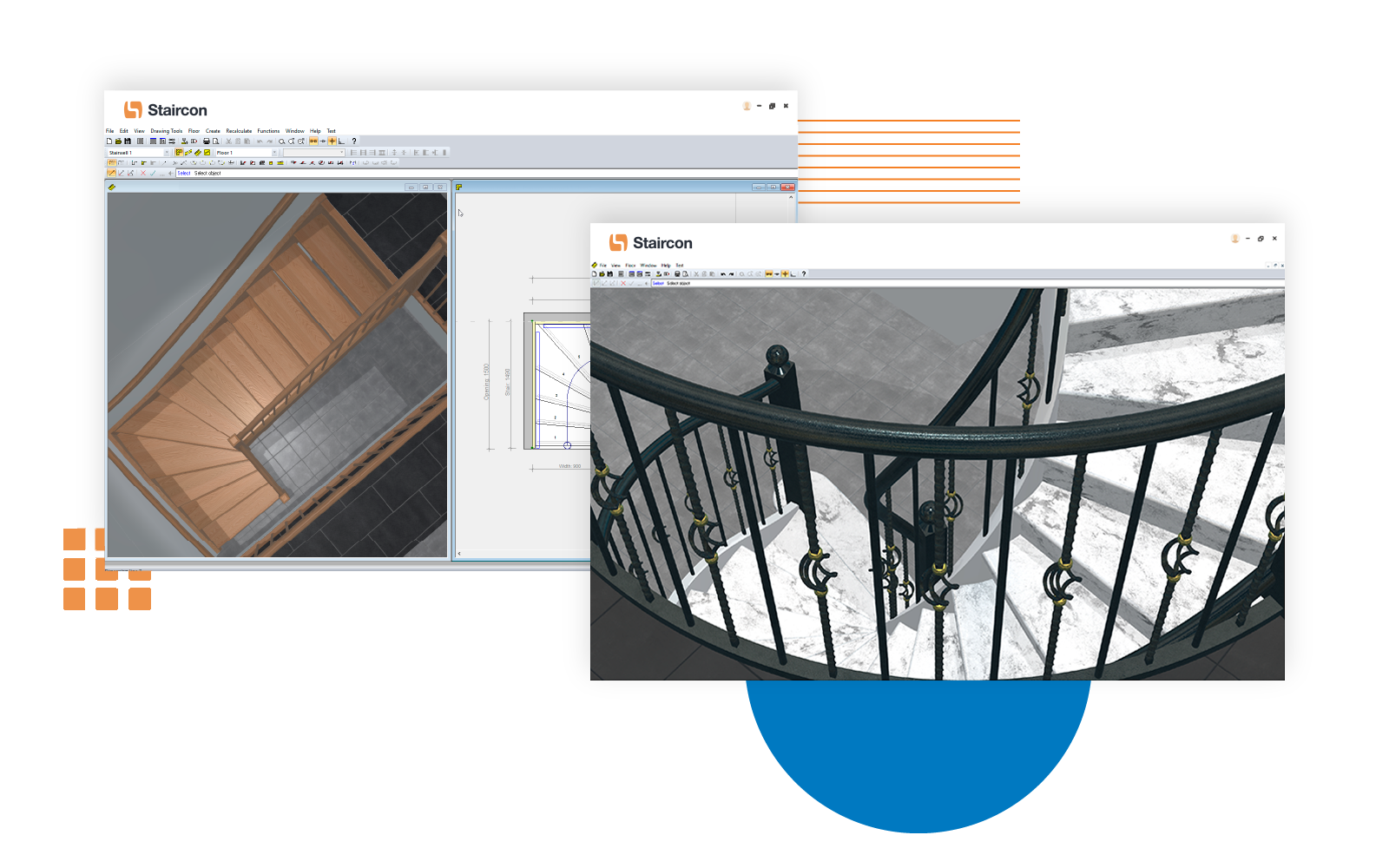 Staircon staircase design software showing 3D renderings of a wooden staircase and a wrought-iron spiral staircase alongside CAD floor plan drawings