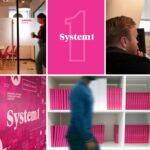 Collage of System1 Group office interiors and branded materials, including meeting room signage, a branded desk monitor, and a pink 'System1' feature wall.