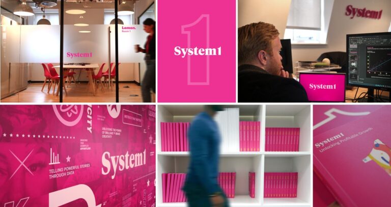 Collage of System1 Group office interiors and branded materials, including meeting room signage, a branded desk monitor, and a pink 'System1' feature wall.