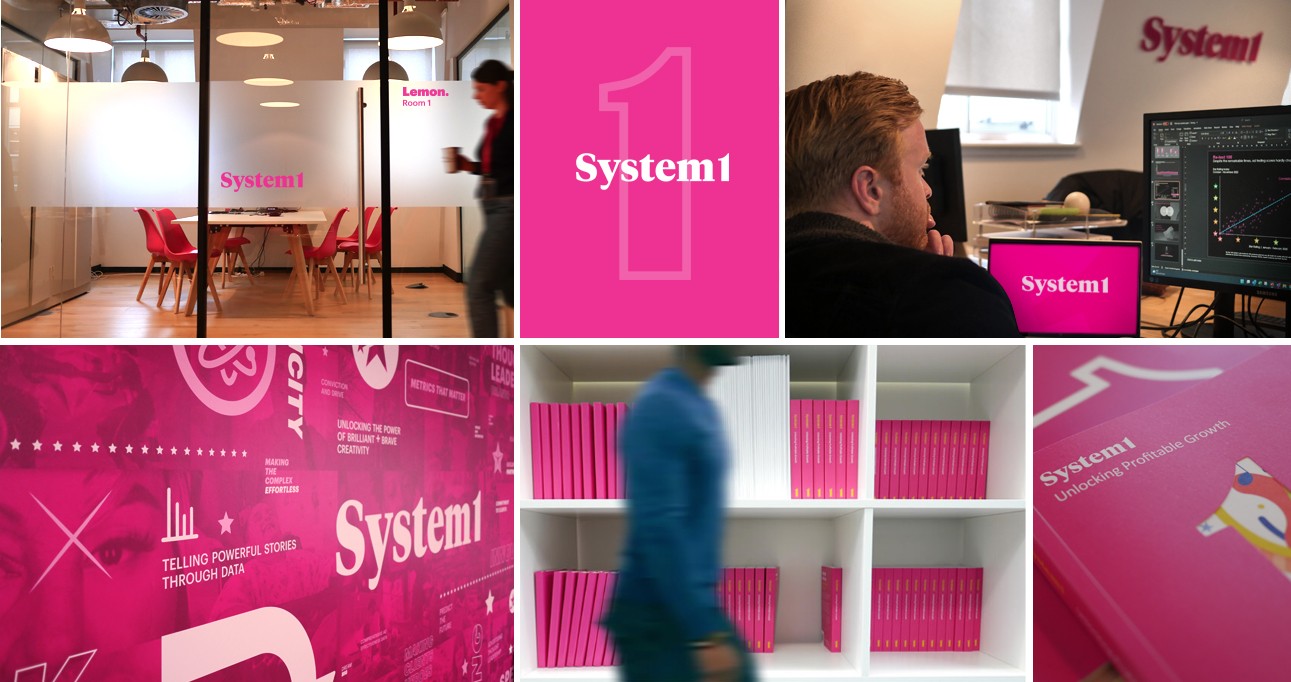 Collage of System1 Group office interiors and branded materials, including meeting room signage, a branded desk monitor, and a pink 'System1' feature wall.