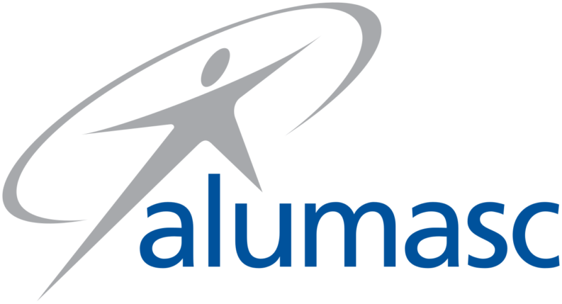 Alumasc Group logo with blue lowercase wordmark and grey stylised figure inside a swoosh