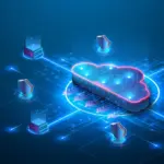 Isometric illustration of a glowing cloud connected to servers and security shields on a dark blue digital background