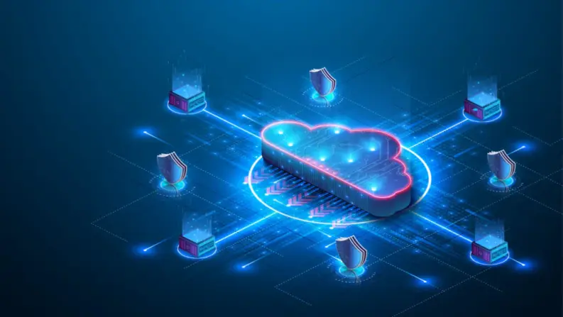 Isometric illustration of a glowing cloud connected to servers and security shields on a dark blue digital background