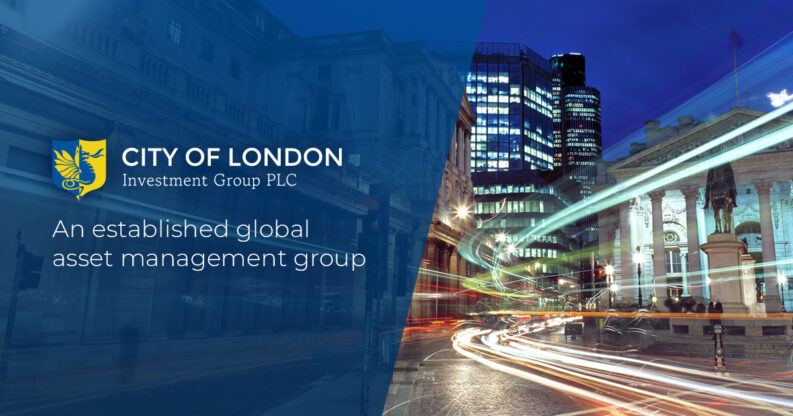 City of London Investment Group PLC logo and the tagline 'An established global asset management group' over a night view of London's financial district with light trails.