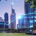 Modern city skyline of glass office towers seen across a park, overlaid with a rising blue financial chart line