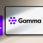 Tablet and smartphone displaying the purple Gamma logo on a soft beige background