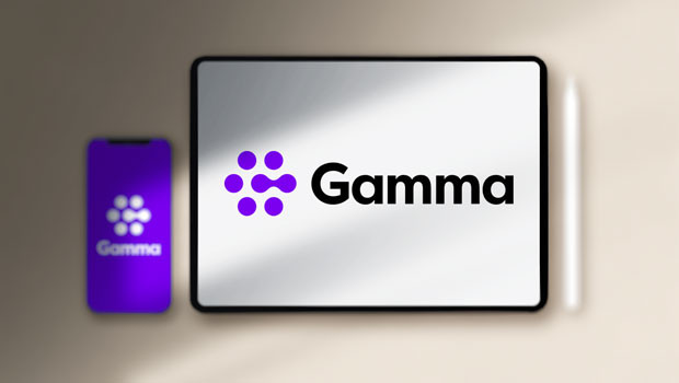Tablet and smartphone displaying the purple Gamma logo on a soft beige background