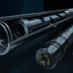 Three metallic cylindrical downhole tool components, one cut away to show its internal parts, shown against a dark blue background.
