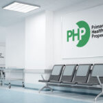 Hospital corridor with waiting chairs and wall signs showing the Primary Health Properties (PHP) logo