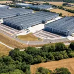 Aerial view of a modern logistics park with several large grey warehouses surrounded by farmland and trees