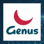 Genus logo, a red crescent above the word Genus in teal, on a white square against a dark blue network-pattern background