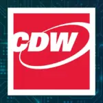 CDW Corporation logo in a red square on a dark blue-green circuit board background